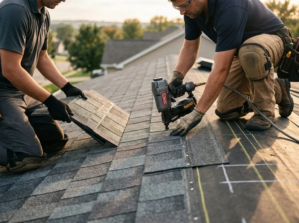 Professional roofer working on a residential roof in Gatesville